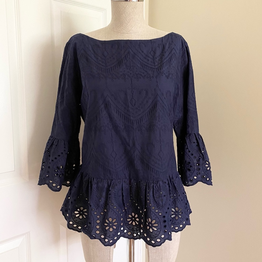 LOFT Peplum Navy Blue Eyelet Top